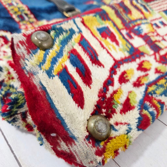 Vintage 60s 70s Carpet Bag blue tapestry kilim large foldover fringe French - Picture 8 of 14